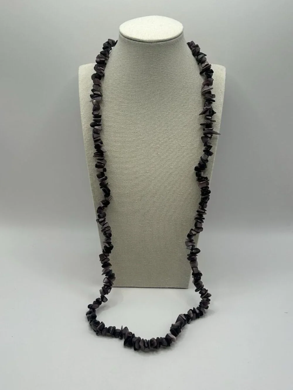 Purple Cat’s Eye Glass Chip Necklace Long 32” Boho Statement Vintage Jewelry